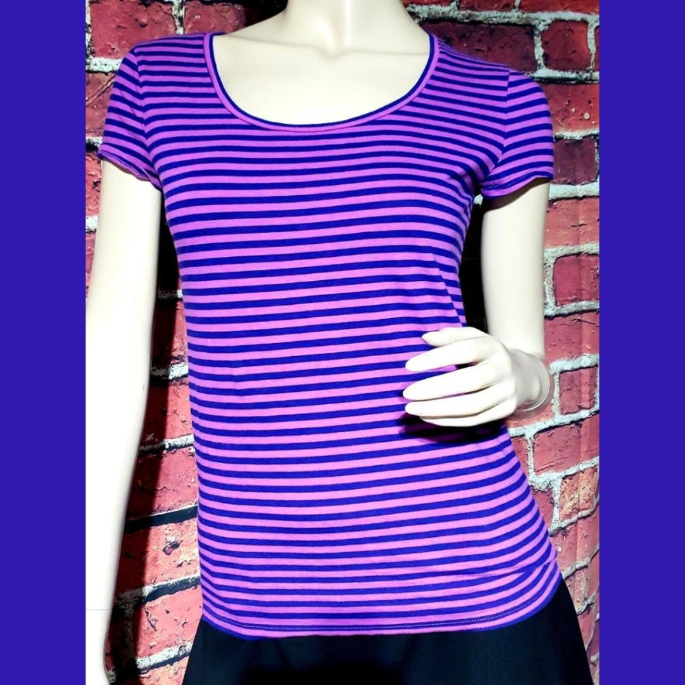 Ann Taylor Women's Striped Navy Fushia Cap Sleeve T Shirt Tee Small S - Flaw